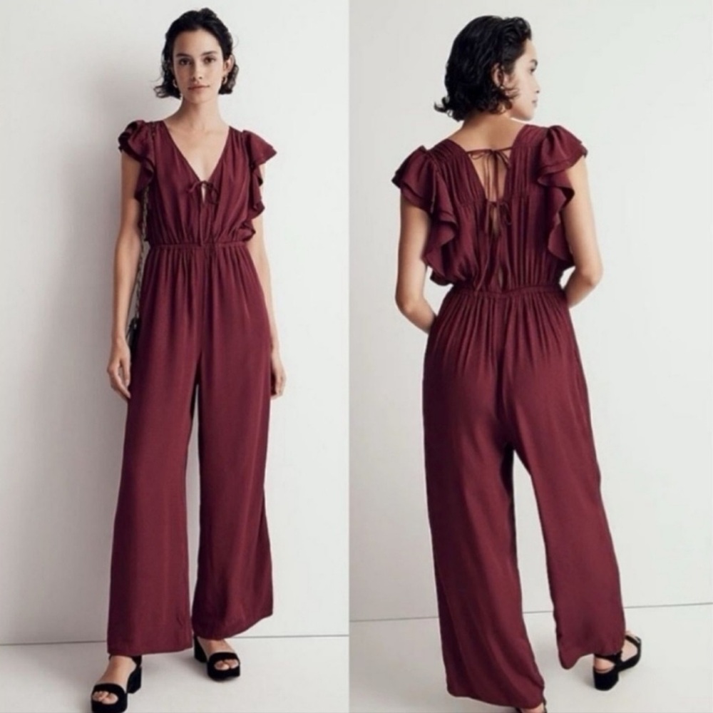 MADEWELL Jacquard Deep-V Burgundy Ruffled Jumpsuit Size XS, NWOT